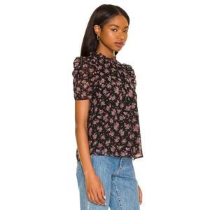 1.State Women's Short Sleeve Romantic Blooms Metallic Floral Top Sz L Black NWT